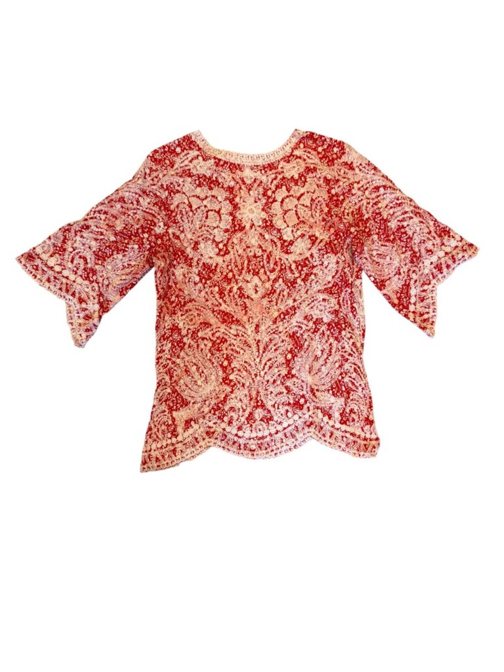 Solitaire Red White Lace Embroidered Top Boho Blouse ( XS / S approx.)